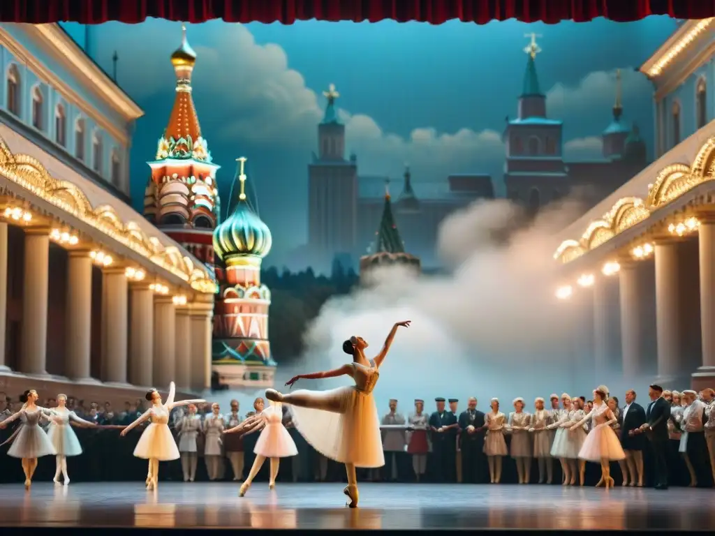 Teatro en Moscú lleno de espectadores viendo un ballet impresionante con trajes tradicionales