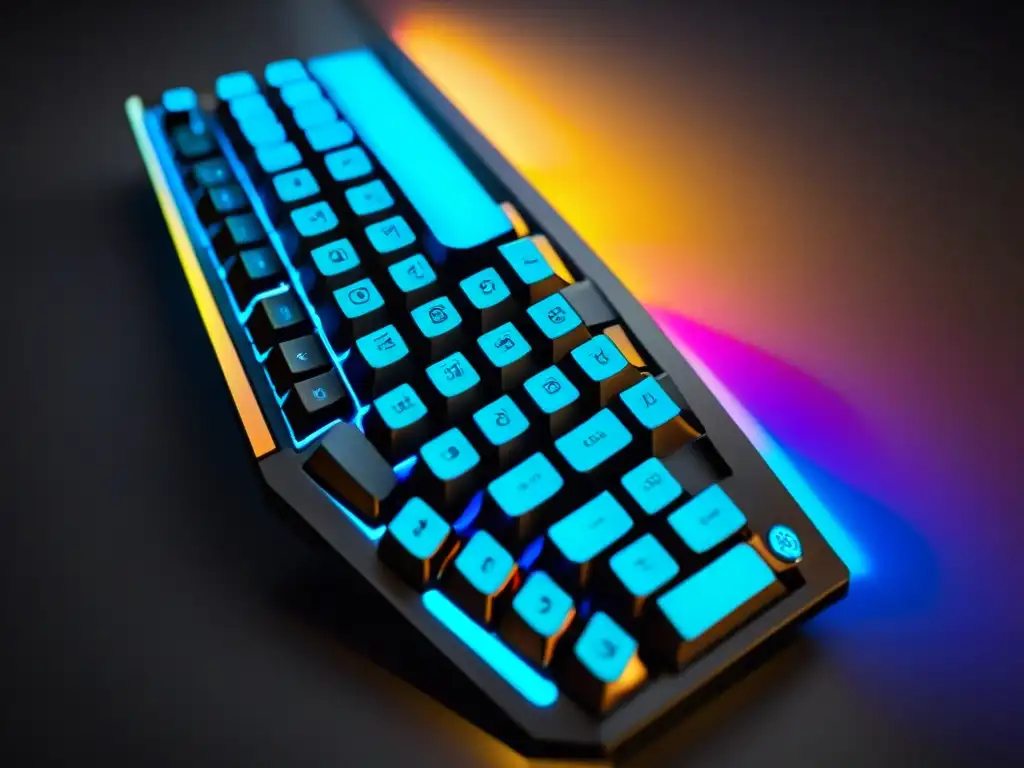 Teclado gaming futurista iluminado con RGB, detalles mecánicos y colores vibrantes