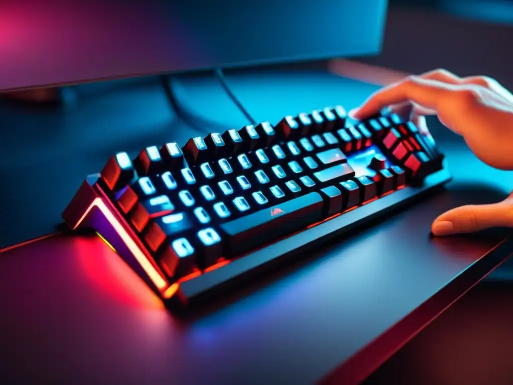 Un teclado mecánico iluminado en un setup de gaming futurista con manos de gamer en acción