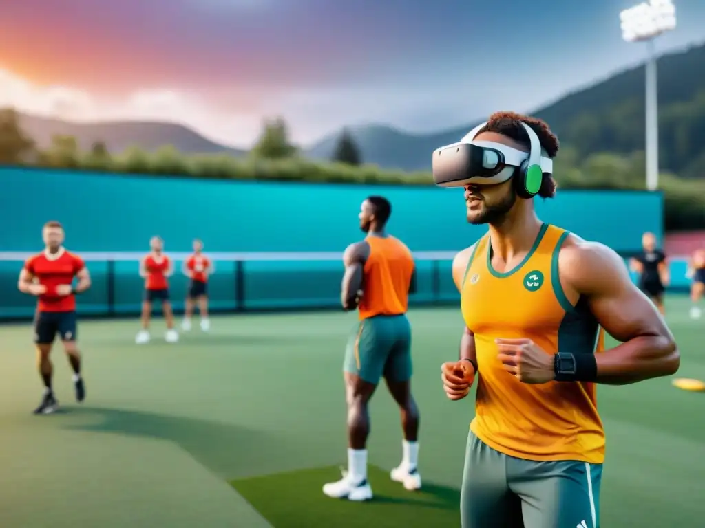 Experimenta la fusión de tecnología y deporte con atletas usando auriculares de realidad aumentada en un campo deportivo futurista