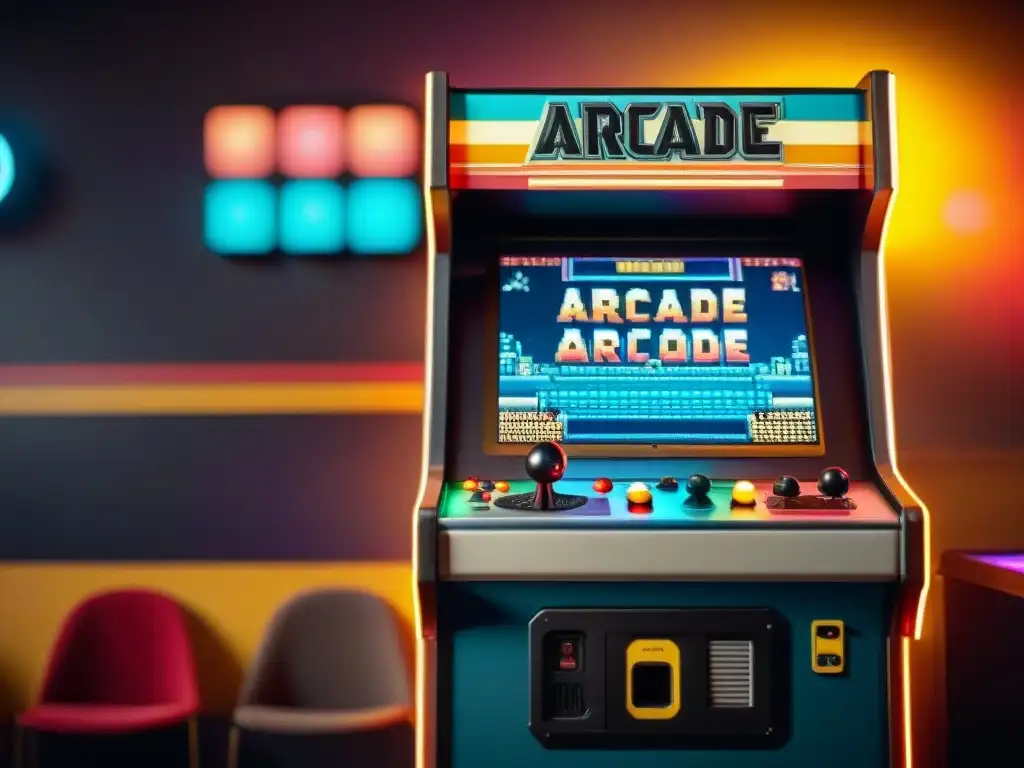 Experimenta la fusión de tecnología vintage en juegos modernos con esta imagen de una máquina arcade retro en una habitación nostálgica y envolvente