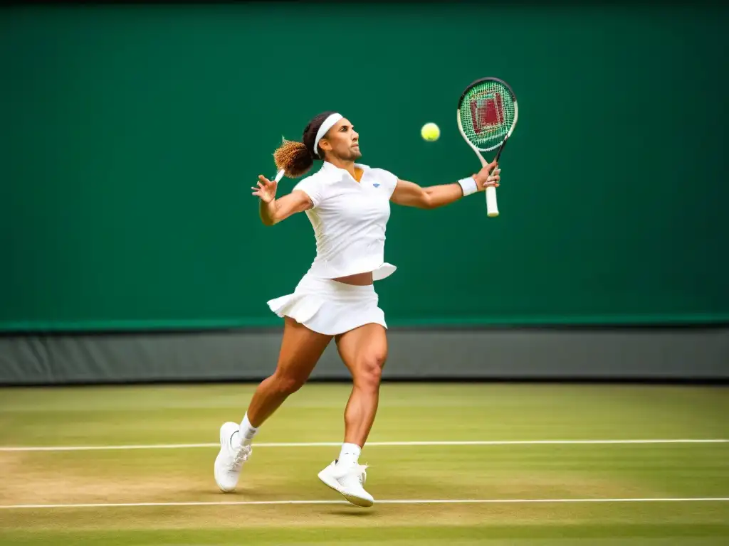 La evolución del tenis en culturas: un jugador de tenis ejecutando un poderoso saque en Wimbledon, destacando precisión y atletismo