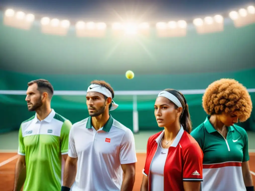 La evolución del tenis en culturas: jugadores diversos en trajes tradicionales en la cancha, fusionando colores vibrantes con el verde del court