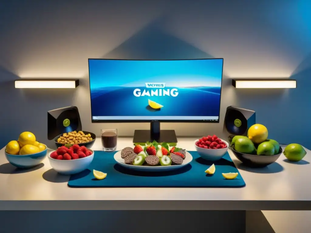 Un tentador banquete de alimentos para rendimiento en eSports, junto a un setup de gaming de alta gama