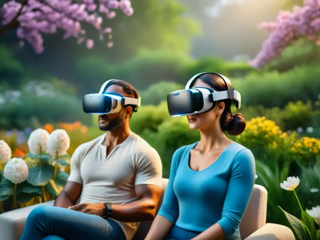 Terapia de pareja con realidad virtual: Pareja conectada en jardín virtual, expresando entendimiento y conexión en terapia