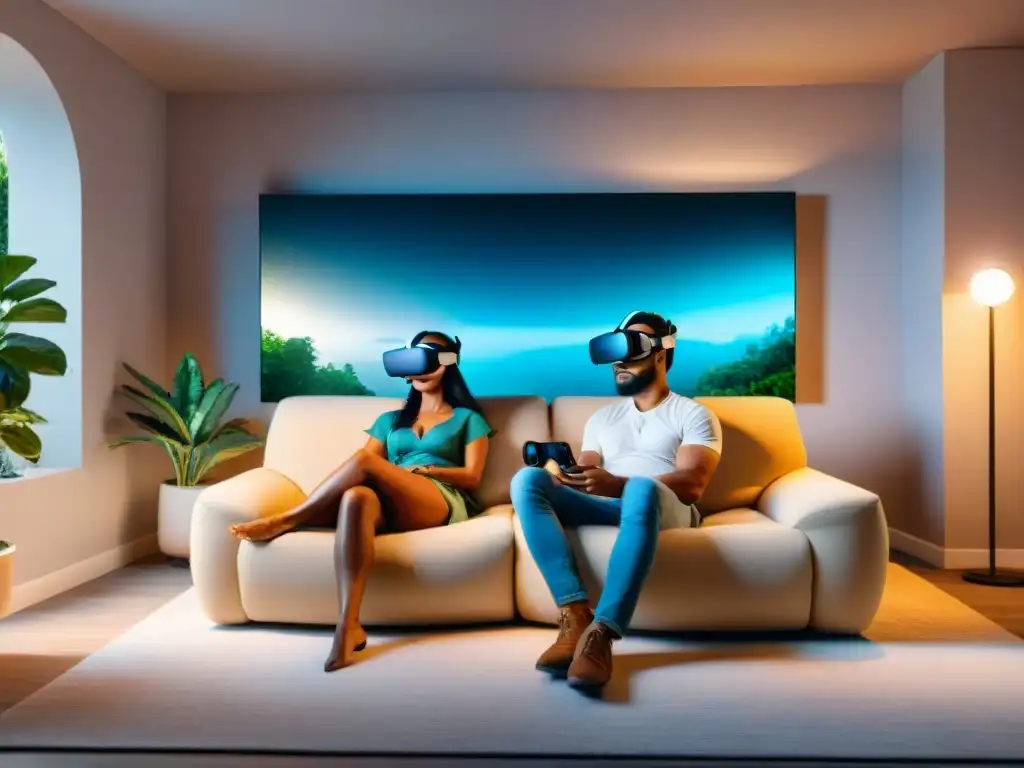 Terapia de pareja con realidad virtual: Pareja inmersa en un entorno virtual sereno, disfrutando juntos de la experiencia