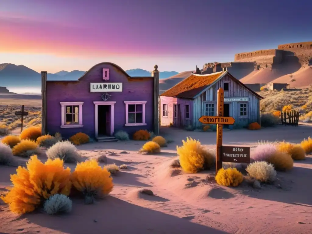 Explorando el tesoro en ciudades fantasma al anochecer, con edificios abandonados y un cielo surrealista en tonos anaranjados y rosados