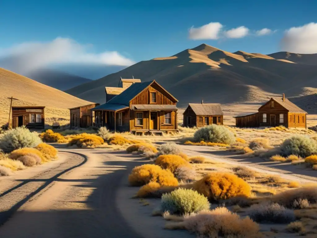 Tesoro en ciudades fantasma: la desolada Bodie, California, muestra edificios antiguos entre montañas, con atmósfera misteriosa y aventurera