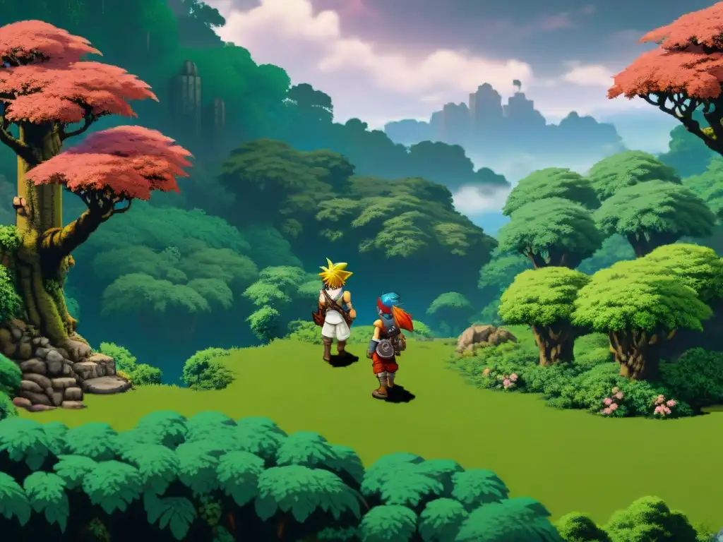 El texto ALT es: 'Equipo de 'Chrono Trigger' planeando estrategias en un bosque exuberante