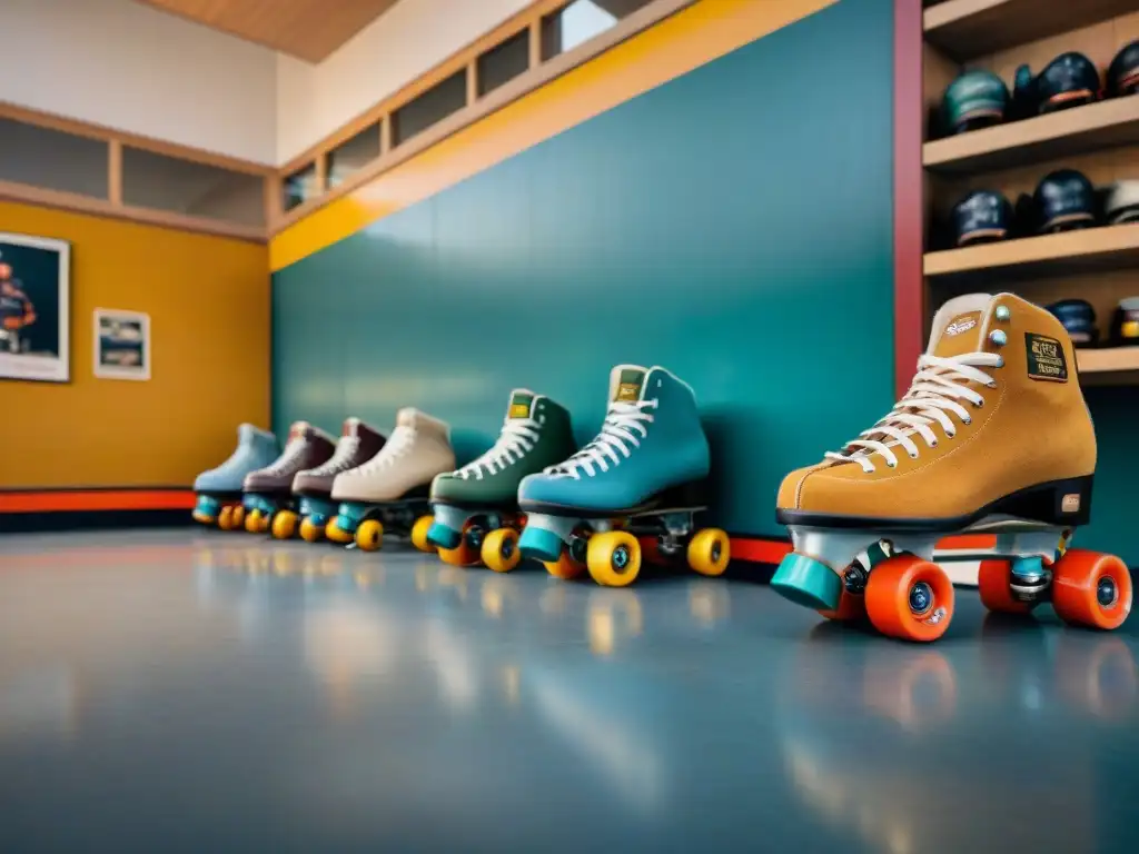 Una tienda vintage de patines con diversidad de skaters probando patines retro, fusionando historia, evolución, juegos, deportes y culturas