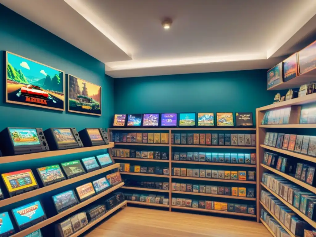 Tienda de juegos retro: nostalgia y emoción en cada pixel Una tienda vintage de videojuegos muestra una amplia gama de clásicos en estantes, con carteles retro y un mural de píxeles