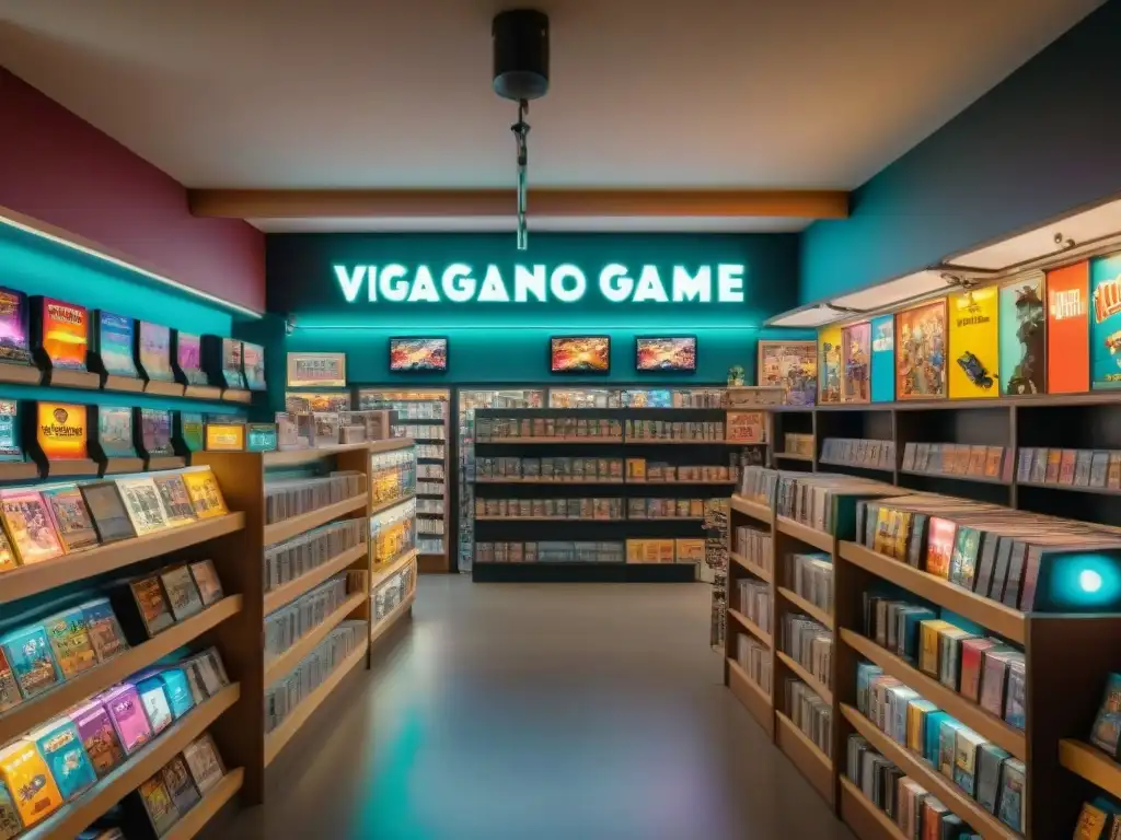 Explora la nostalgia: tienda de videojuegos retro Una tienda vintage de videojuegos con estanterías llenas de cartuchos y consolas clásicas