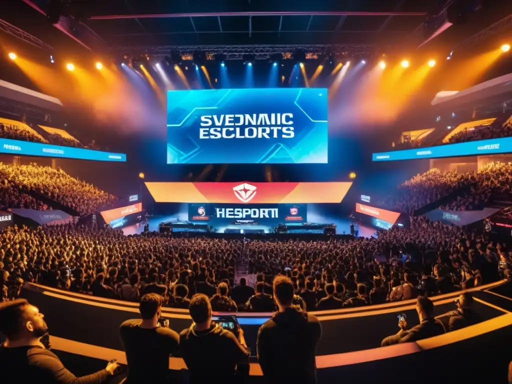 La evolución de los torneos de eSports cobra vida en un vibrante estadio lleno de fans entusiastas y acción competitiva intensa en pantallas LED