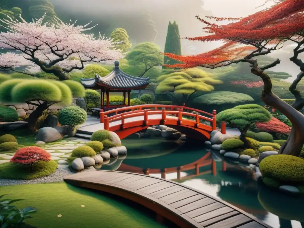 Un jardín tradicional asiático con bonsáis y un puente rojo, reflejando la esencia del origen del Go en Asia