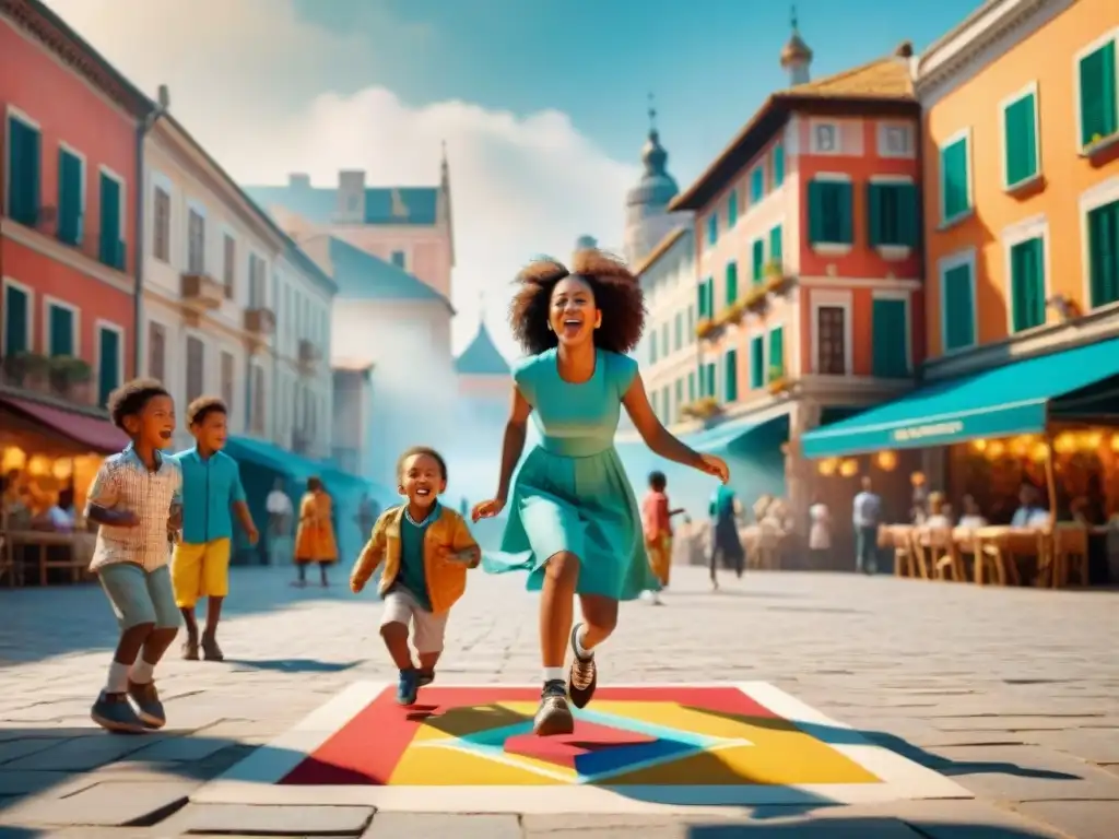 Colección de juegos tradicionales: Niños riendo y jugando en una plaza con juegos como rayuela y comba, resaltando la importancia cultural