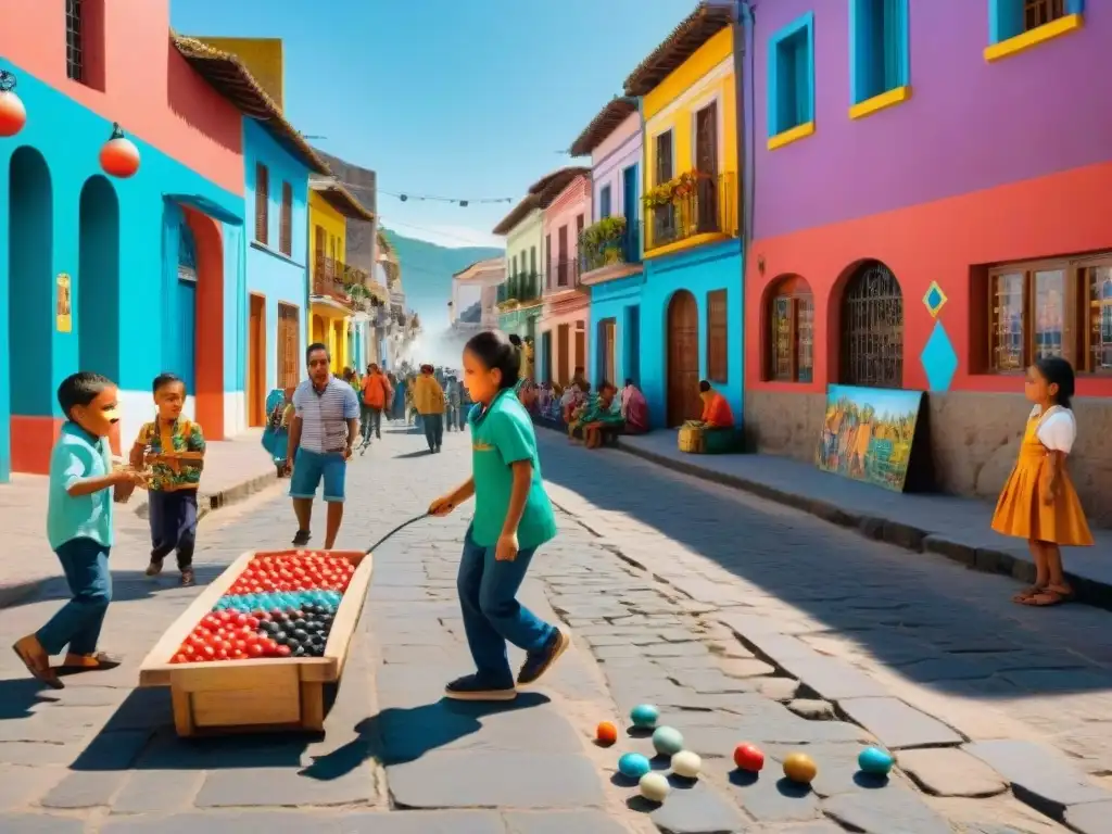 Recreación de juegos tradicionales en la sociedad latinoamericana, niños sonrientes y coloridas vestimentas en mercado callejero vibrante