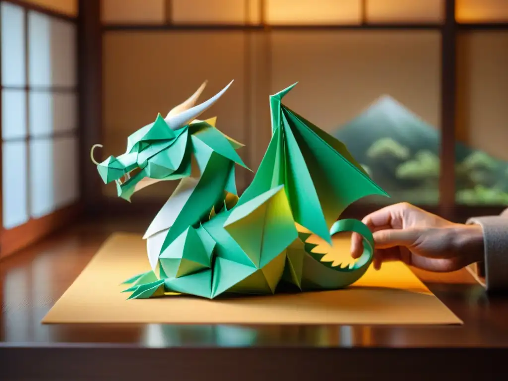 En la tranquila atmósfera de una habitación japonesa, un maestro del origami en Japón crea un majestuoso dragón de papel