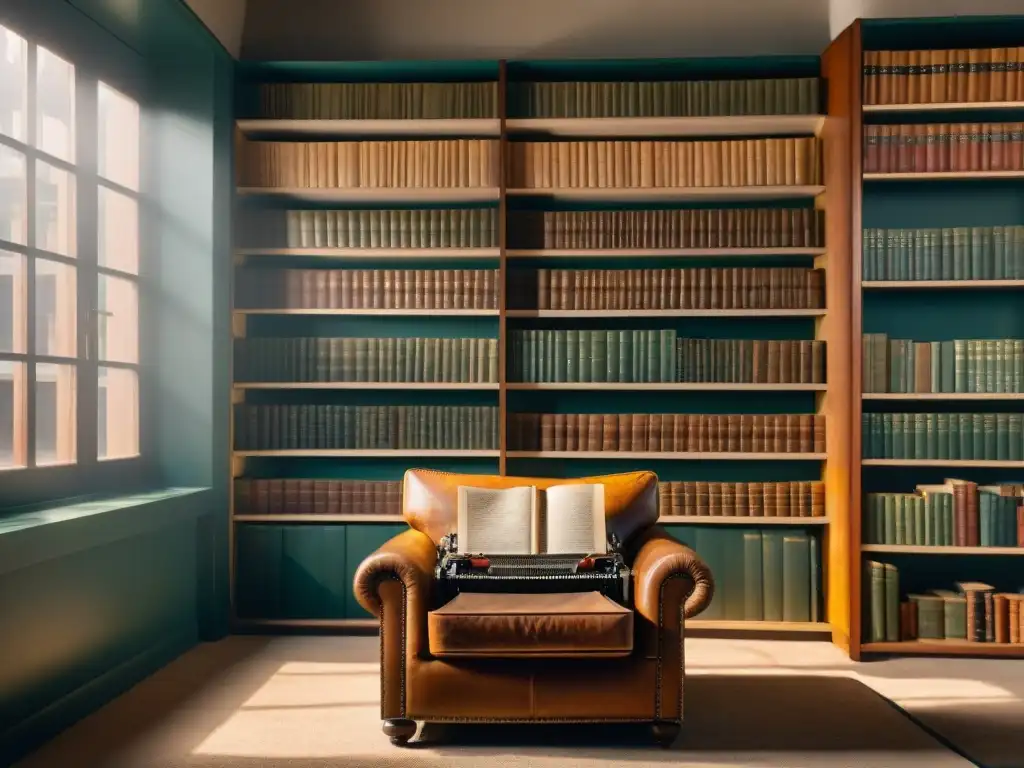 Un rincón tranquilo de una biblioteca antigua, con un sillón de cuero desgastado, libros polvorientos y una máquina de escribir vintage