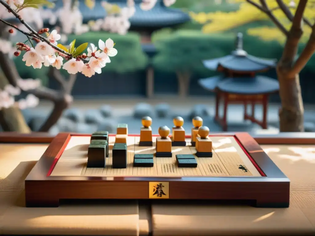 Un tranquilo jardín japonés con un tablero de Shogi tradicional bajo un cerezo en flor