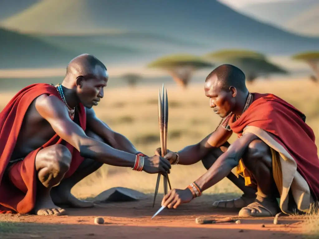 Tribus Maasai crean lanzas en la sabana africana al atardecer, evolución juegos caza tradicionales África