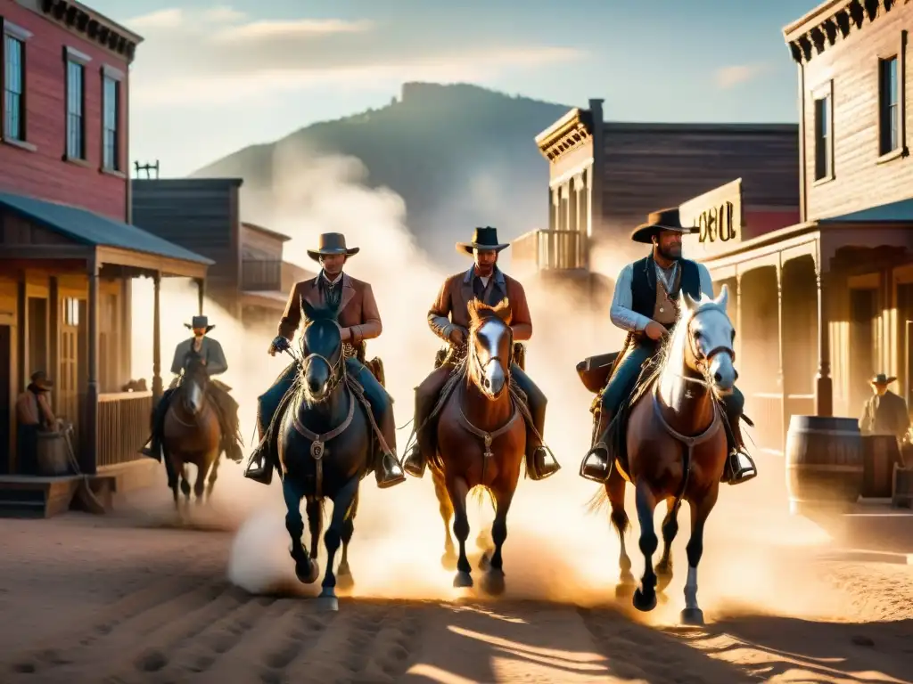 Trucos Red Dead Redemption 2: Cowboys galopando al atardecer por un pueblo del Oeste, con salones y edificios antiguos