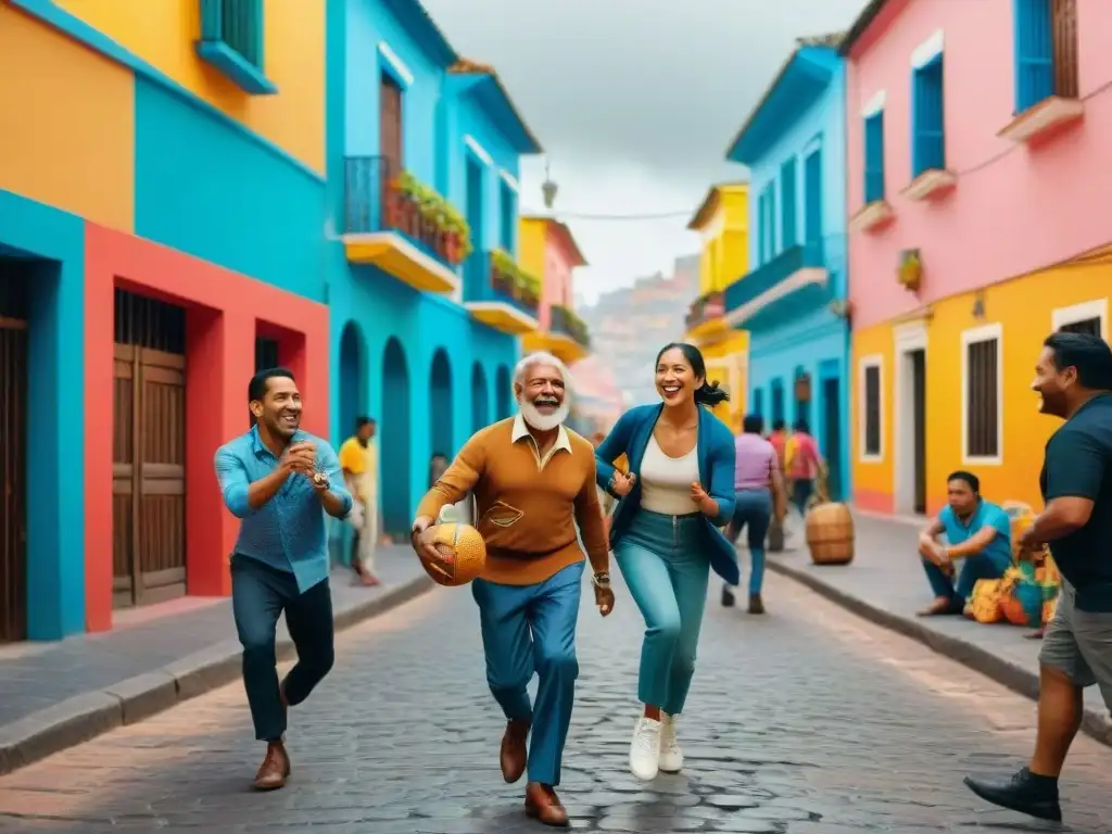 Diversión y unidad en la calle de una ciudad latinoamericana, con juegos cooperativos y gente de todas las edades y etnias