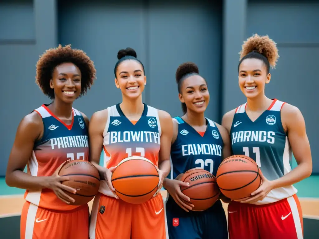 Unidas en la cancha, jugadoras de baloncesto de distintas nacionalidades sonríen, mostrando la historia del baloncesto a nivel mundial