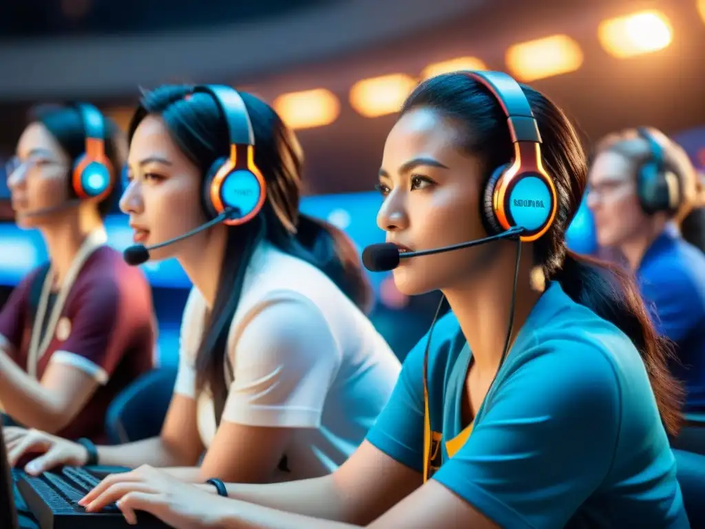 Unidas en eSports inclusivos género edad: mujeres diversas compiten con intensidad en un torneo, apoyadas por una multitud animada