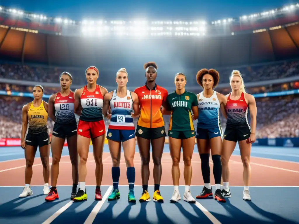 Unidas en celebración, mujeres atletas de diversas culturas muestran fuerza y pasión en un estadio deportivo