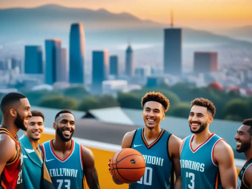 Unidos en la cancha, jugadores de baloncesto de diversas culturas visten trajes tradicionales, celebrando la amistad y la diversidad