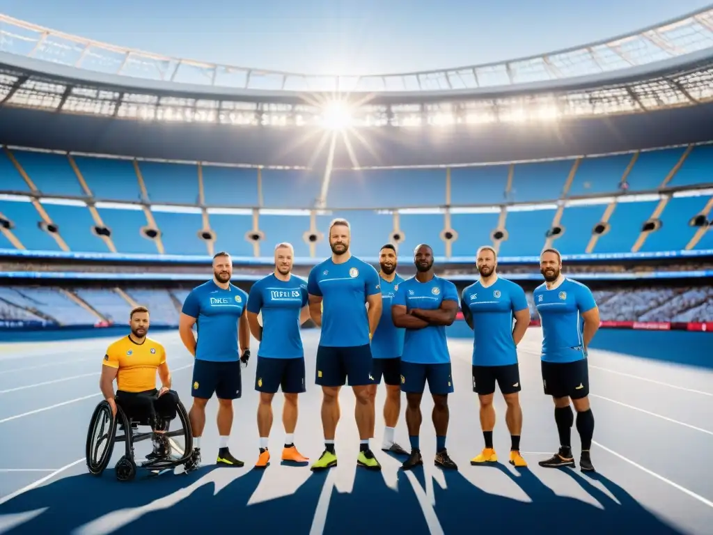 Unidos en la evolución de los deportes paralímpicos en Europa: atletas con determinación frente al estadio moderno al atardecer