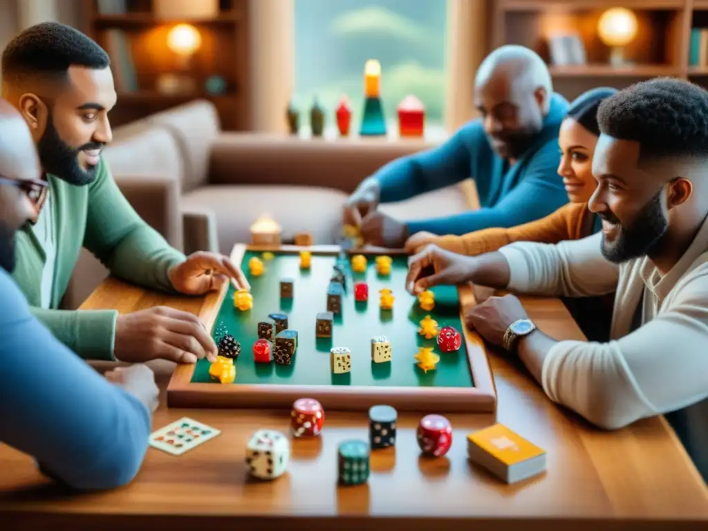 Unidos por la diversión: Familias y amigos disfrutan de un juego de mesa, mostrando los beneficios de los juegos de mesa en la conexión familiar