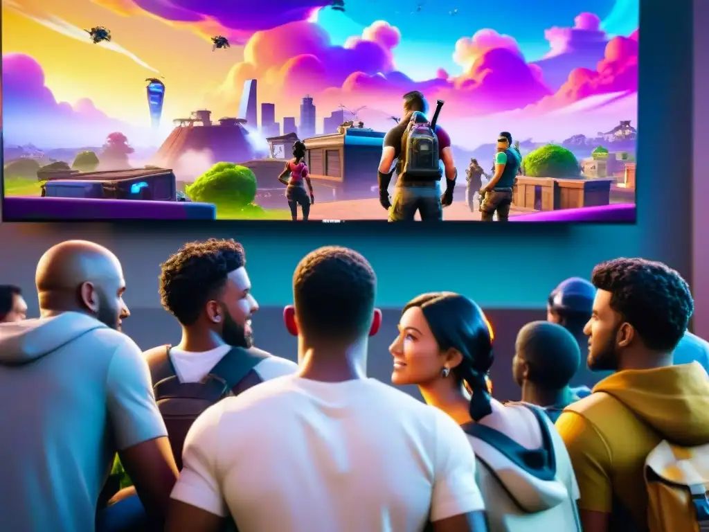 Unidos por la emoción del juego, diversas culturas y edades comparten en pantalla grande una partida de Fortnite en vibrante escenario urbano