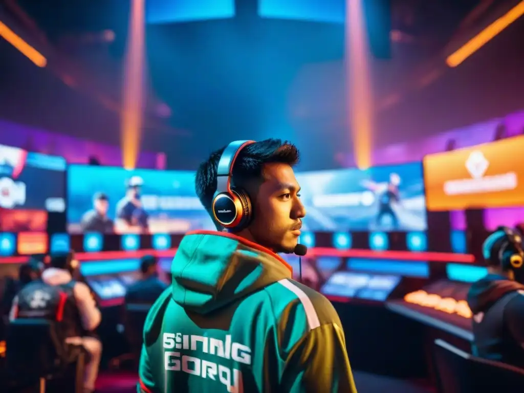 Unidos por la Historia eSports juegos culturas globales: Jugadores de esports de diferentes culturas en un arena iluminada por luces neón