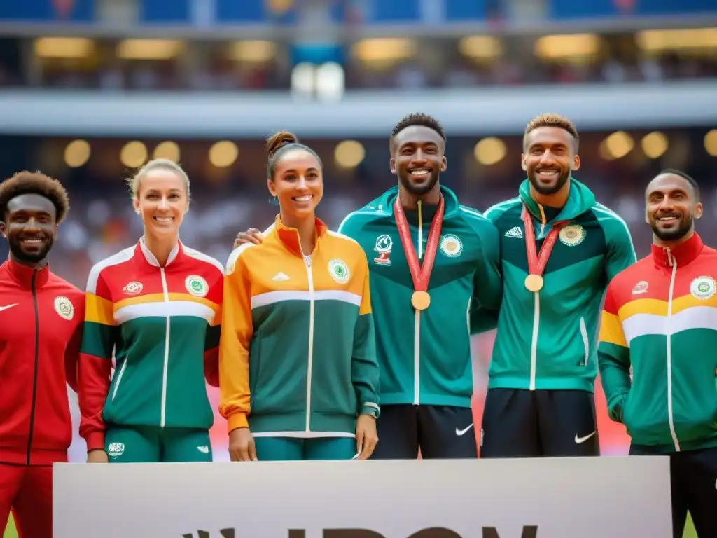 Unidos en el podio, atletas africanos lucen medallas en evento deportivo internacional, reflejando la política detrás del deporte en África