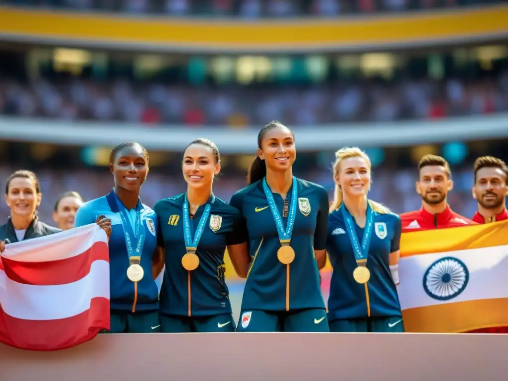 Unidos en la victoria: atletas de todo el mundo en uniformes nacionales, celebrando en el podio