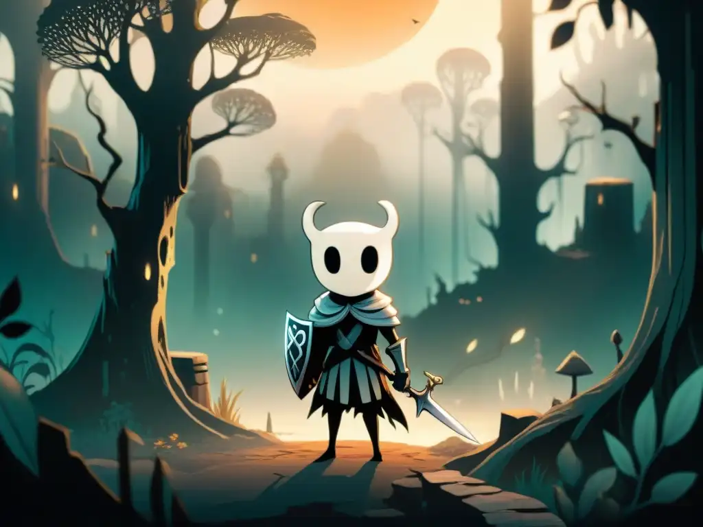 El valiente Caballero de Hollow Knight destaca en los olvidados cruces, envuelto en la misteriosa luz de los desechos fúngicos