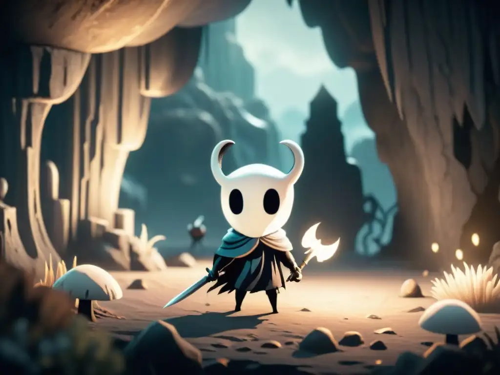 Un valiente héroe de Hollow Knight explorando una caverna oscura y peligrosa con su arma brillante, listo para la batalla