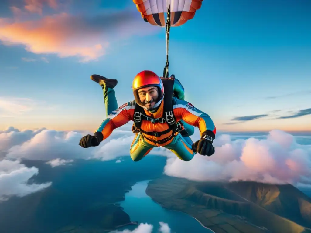 Un valiente paracaidista en pleno salto, con un vibrante atardecer de fondo