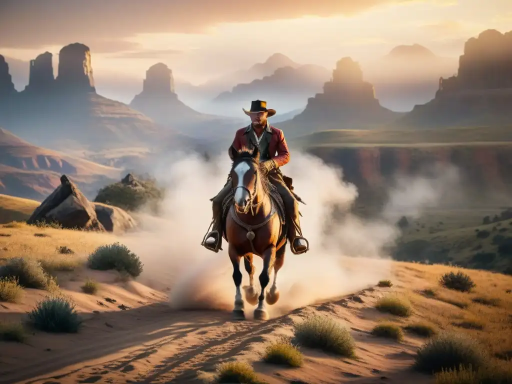 Un vaquero audaz cabalga al atardecer en un paisaje dramático, evocando la esencia de Trucos Red Dead Redemption 2