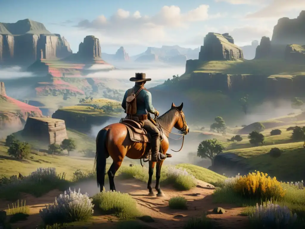 Un vaquero en su caballo explora un vasto paisaje del salvaje oeste en 'Red Dead Redemption 2'