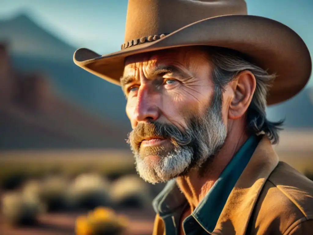 Un vaquero curtido por el sol en el salvaje oeste, con arrugas profundas y una mirada penetrante bajo su sombrero