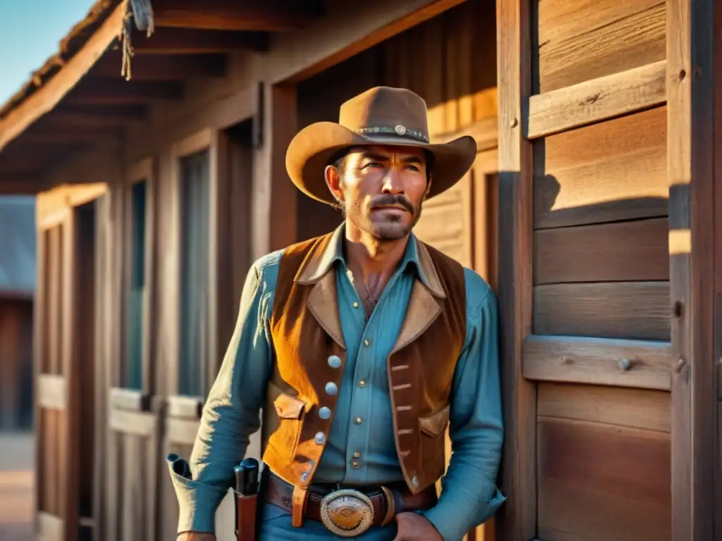 Un vaquero en un saloon del Salvaje Oeste al atardecer, con un revólver listo