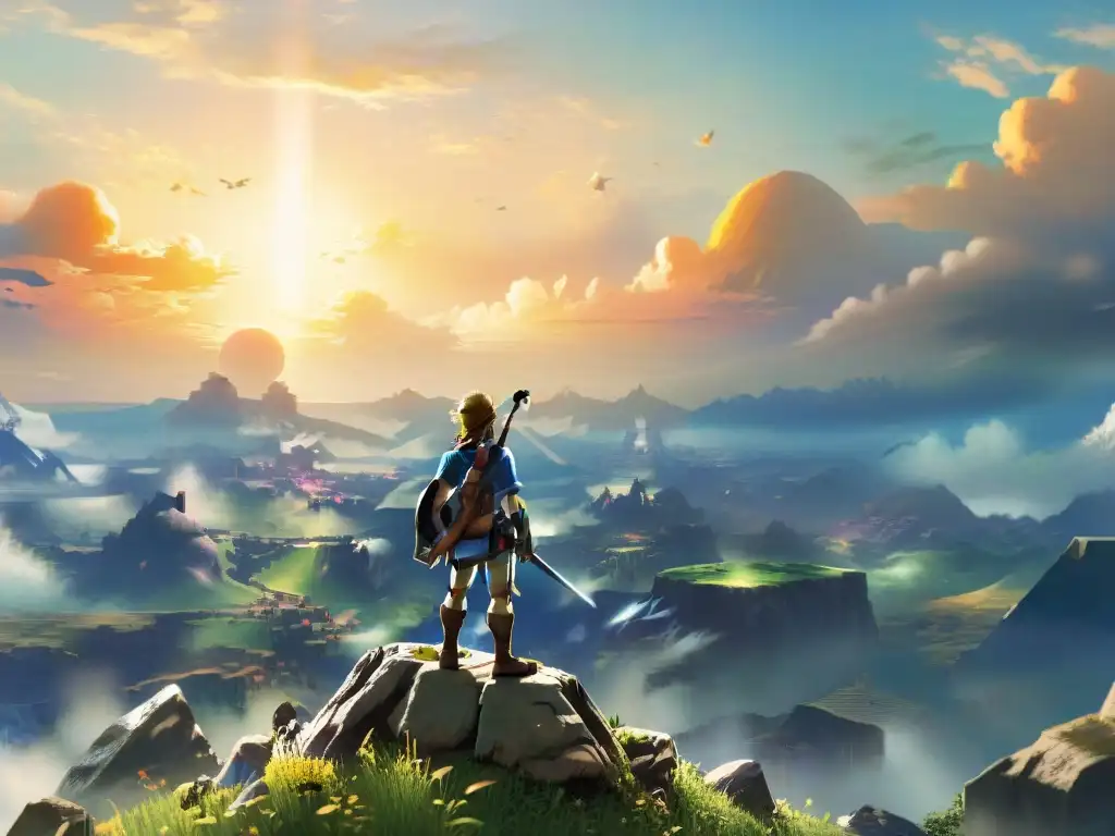 Link contempla la majestuosidad de Hyrule al atardecer Link contempla el vasto paisaje de Hyrule al atardecer, transmitiendo el origen y significado de Zelda Breath
