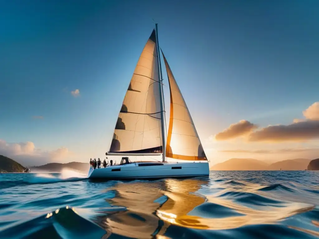 Un velero elegante compitiendo al atardecer en aguas cristalinas, capturando la esencia de la historia y evolución de los deportes náuticos