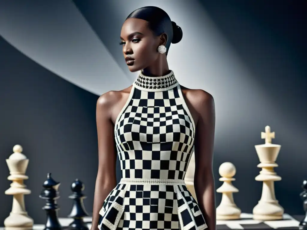 Vestido alta costura ajedrez: elegancia y precisión Vestido de alta costura con diseño de ajedrez en blanco y negro