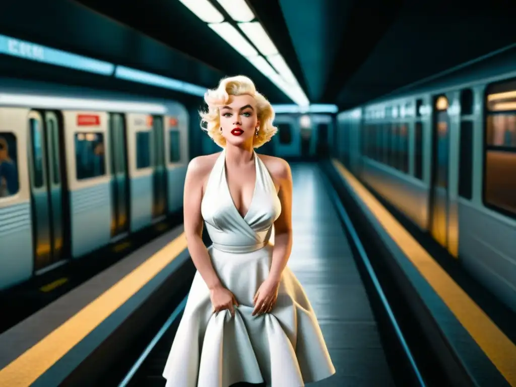 Marilyn Monroe en vestido blanco icónico, con falda al viento en la alcantarilla, evocando uniformes emblemáticos cine televisión