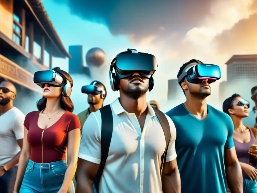 Un viaje alucinante: personas diversas explorando realidades virtuales, reflejando asombro, emoción y concentración