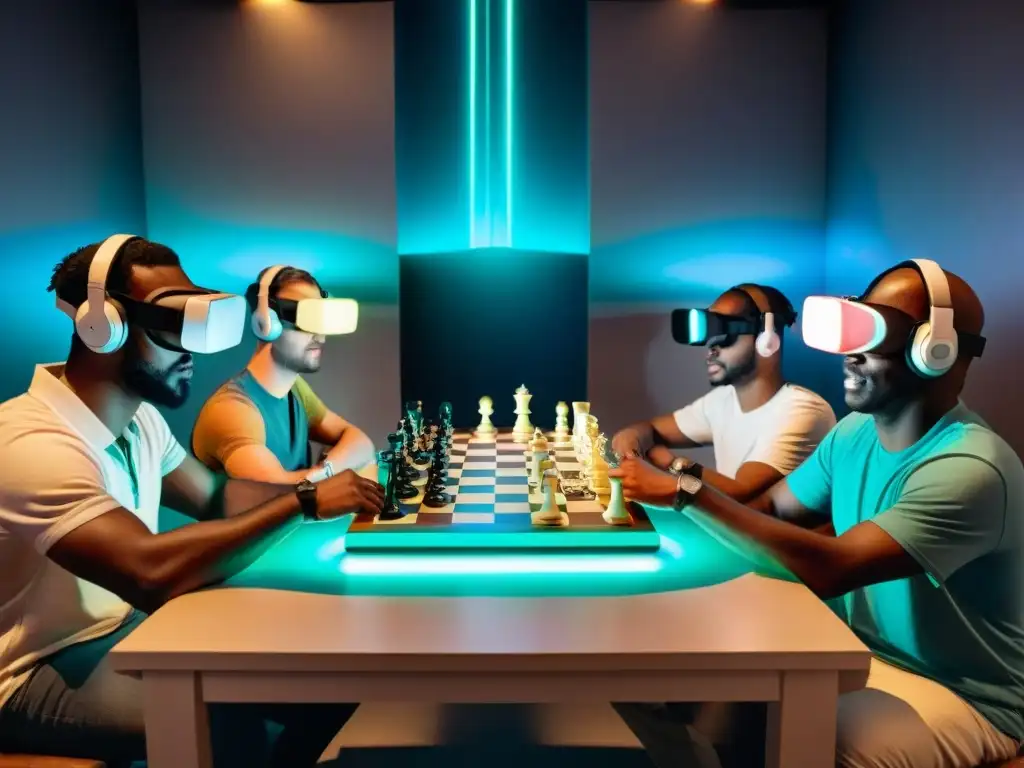 Un viaje al futuro: personas con auriculares de realidad virtual disfrutan de juegos clásicos como ajedrez, Monopoly y Scrabble