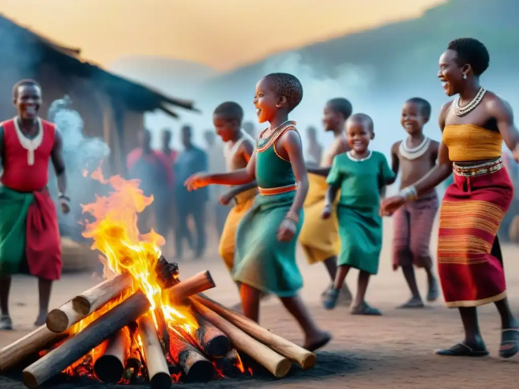 Vibrante celebración africana con niños bailando alrededor de la fogata